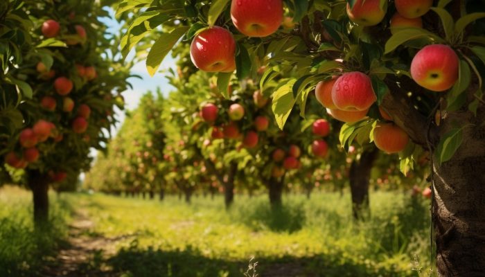 An orchard full of fruit trees. Agricultural landscape